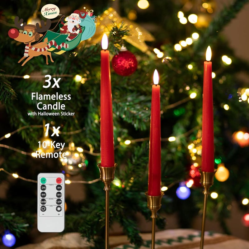 AFINETH Red Flameless Taper Candles with 3D Wick, 9.6" Real Wax LED Candles with Remote and Timer, 3 Pack Flickering Candlesticks Battery Operated, Classic Tall Taper Candle for Home, Wedding, Party - Image 5